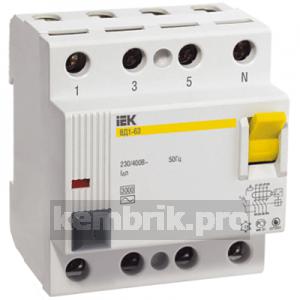 Выключатель дифференциального тока (УЗО) 4п 63А 30мА ВД1-63 АС(Электромеханическое)
